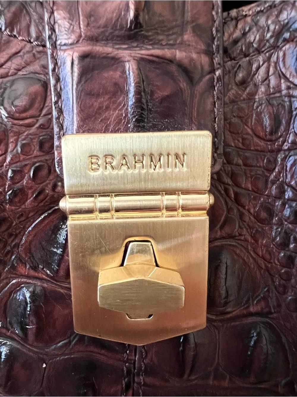 Brahmin Elisa Satchel Bordeaux Melbourne Embossed Croc Leather Bag Brown Gold